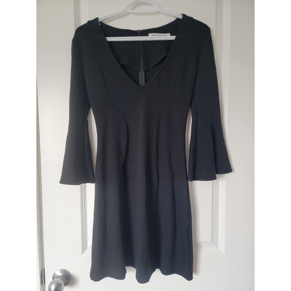 Amanda Uprichard Black Bell Sleeve V-Neck Mini Dress Ponte Knit Size P
